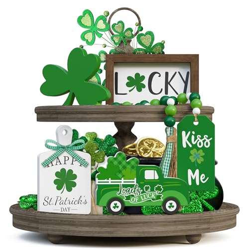 Tovwei St. Patrick's Day Tiered Tray Decor set - 5 Pcs Shamrock Wooden Signs Lucky Decor Bead Garland, St. Patricks Day Decorations for Home Kitchen Table Party Decorations - Image 1