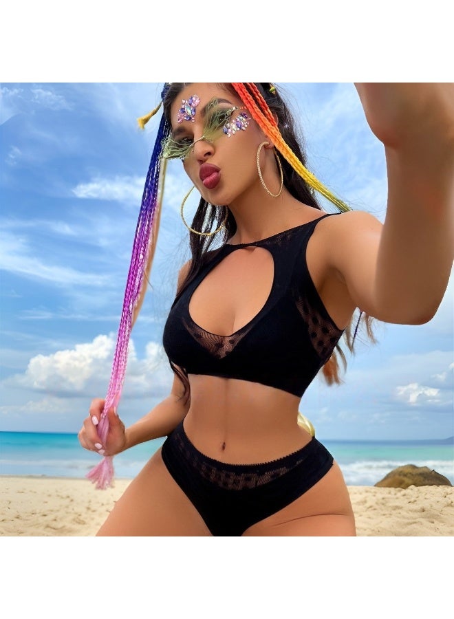Women's Black Mesh Bikini Set, One Size Cutout Top High Waist Bottom - Image 2