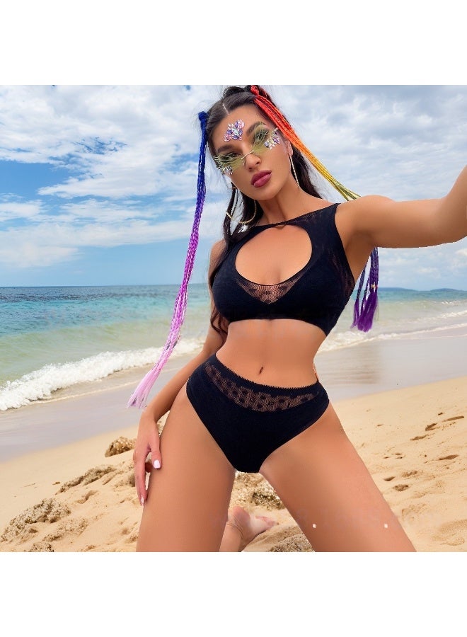 Women's Black Mesh Bikini Set, One Size Cutout Top High Waist Bottom - Image 1
