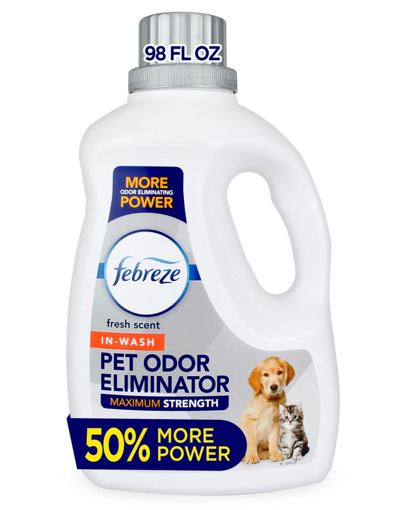 Febreze Laundry Detergent Additive for Pet Supplies, Maximum Strength In Wash Pet Odor Eliminator, Designed to Remove Tough Odors in Fabrics and Clothing in a Single Wash, Fresh Scent, 98 fl oz - Image 1