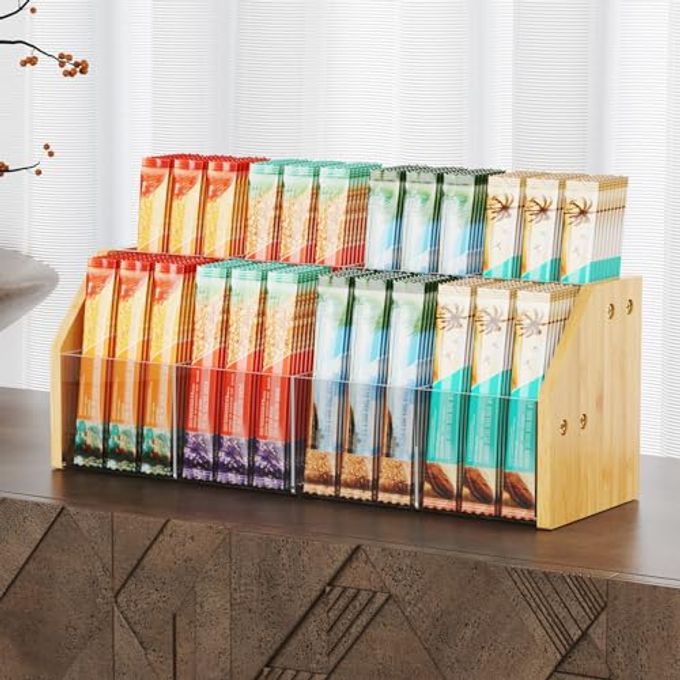 NiHome 2-Tier 8 Compartments Drink Packet Organizer, Bamboo and Clear Acrylic Storage Rack for Tea Bags, Sugar Packets, Flavor Mixes, Seasoning Sachets, Easy Access & Space-Saving Countertop Organizer