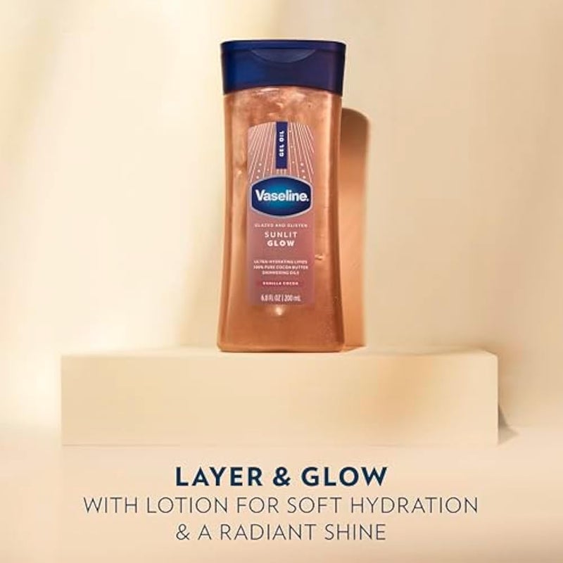 Vaseline Glazed and Glisten Sunlit Glow Body Gel Oil Vanilla Cocoa Shimmering with Ultra-Hydrating Lipids and 100% Pure Cocoa Butter, 6.8 Oz - Image 4