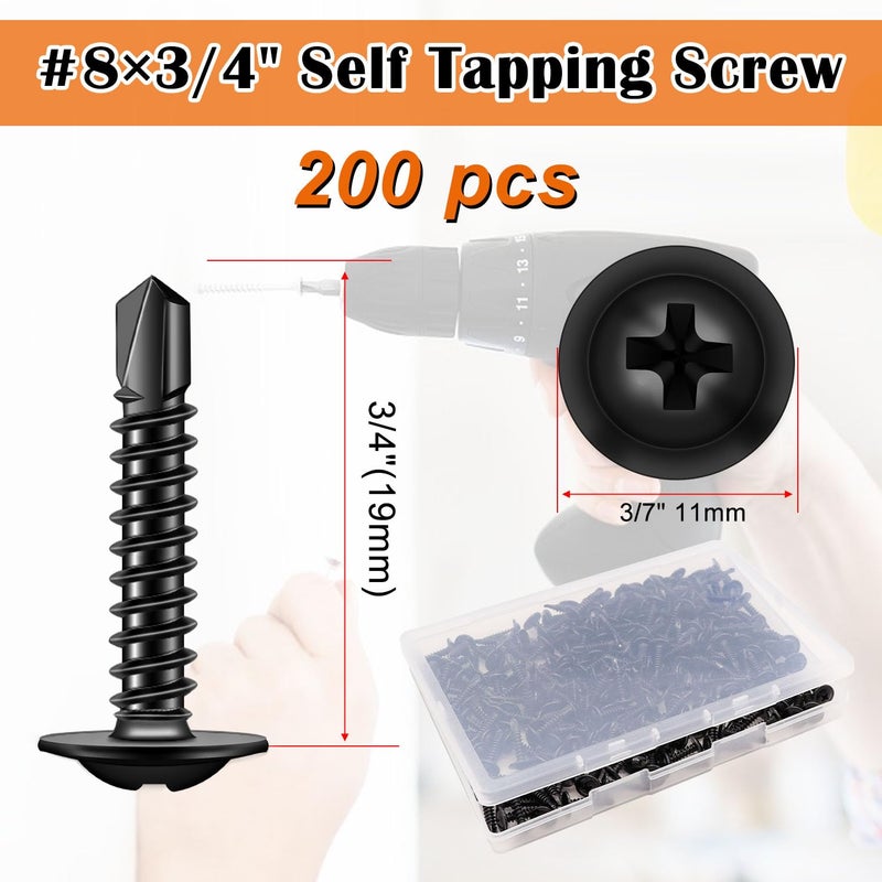 weideer 200pcs #8×3/4" Self Tapping Screws for Metal, Sheet Metal Screws, 410 Stainless Steel Black Oxide Truss Head Screw,Self Drilling Screws,Quick Tapping Screw with Screwdriver Bit - Image 2