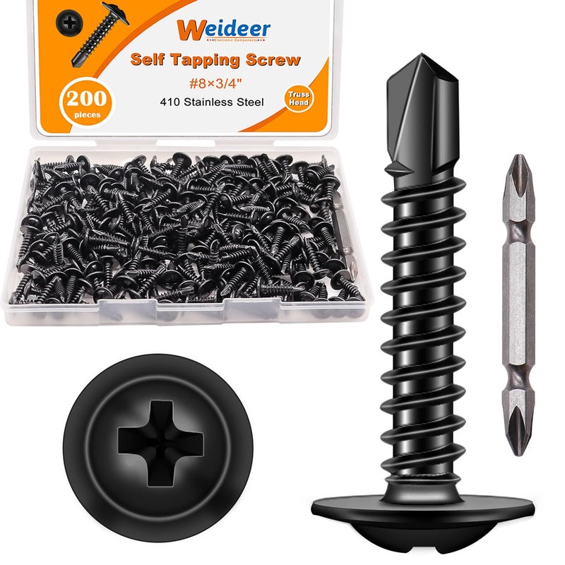weideer 200pcs #8×3/4" Self Tapping Screws for Metal, Sheet Metal Screws, 410 Stainless Steel Black Oxide Truss Head Screw,Self Drilling Screws,Quick Tapping Screw with Screwdriver Bit - Image 1