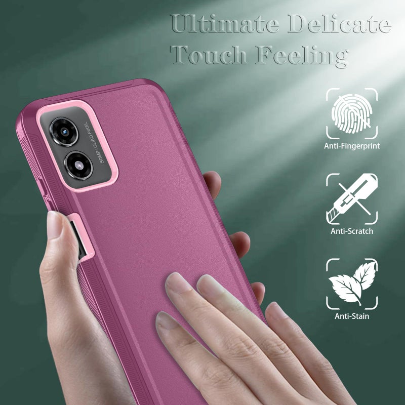Qinmay Phone Case for Motorola Moto G Play 2024 4G Case with HD Screen Protector, Heavy Duty Shockproof & Dropproof 3-Layer Cover Phone Case for Moto G Play 2024 (WineRed Pink) - Image 3