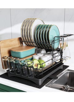 MIXDE Large Dish Drying Rack Drainboard Set, 2 Tier Stainless Steel Dish Racks with Drainage, Wine Glass Holder, Utensil Holder and Extra Drying Mat, Dish Drainers for Kitchen Counter (Black)  - Image 1