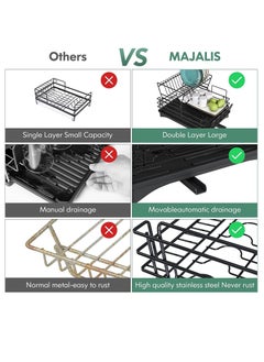 MIXDE Large Dish Drying Rack Drainboard Set, 2 Tier Stainless Steel Dish Racks with Drainage, Wine Glass Holder, Utensil Holder and Extra Drying Mat, Dish Drainers for Kitchen Counter (Black)  - Image 4