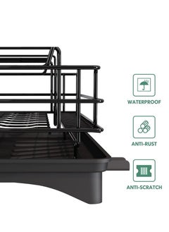MIXDE Large Dish Drying Rack Drainboard Set, 2 Tier Stainless Steel Dish Racks with Drainage, Wine Glass Holder, Utensil Holder and Extra Drying Mat, Dish Drainers for Kitchen Counter (Black)  - Image 2