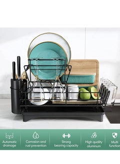 MIXDE Large Dish Drying Rack Drainboard Set, 2 Tier Stainless Steel Dish Racks with Drainage, Wine Glass Holder, Utensil Holder and Extra Drying Mat, Dish Drainers for Kitchen Counter (Black)  - Image 5
