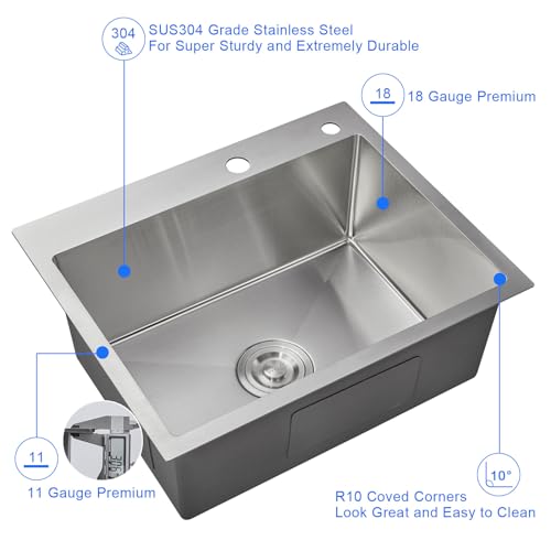 MENATT 22-inch Drop in Kitchen Sink Brushed, SUS304 Stainless Steel Topmount Kitchen Bar Prep Sink, Single Bowl Workstation Kitchen Sinks, 22" x 18" x 9" - Image 4