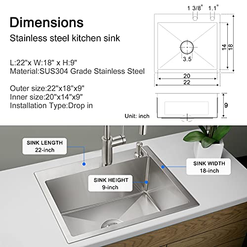 MENATT 22-inch Drop in Kitchen Sink Brushed, SUS304 Stainless Steel Topmount Kitchen Bar Prep Sink, Single Bowl Workstation Kitchen Sinks, 22" x 18" x 9" - Image 3