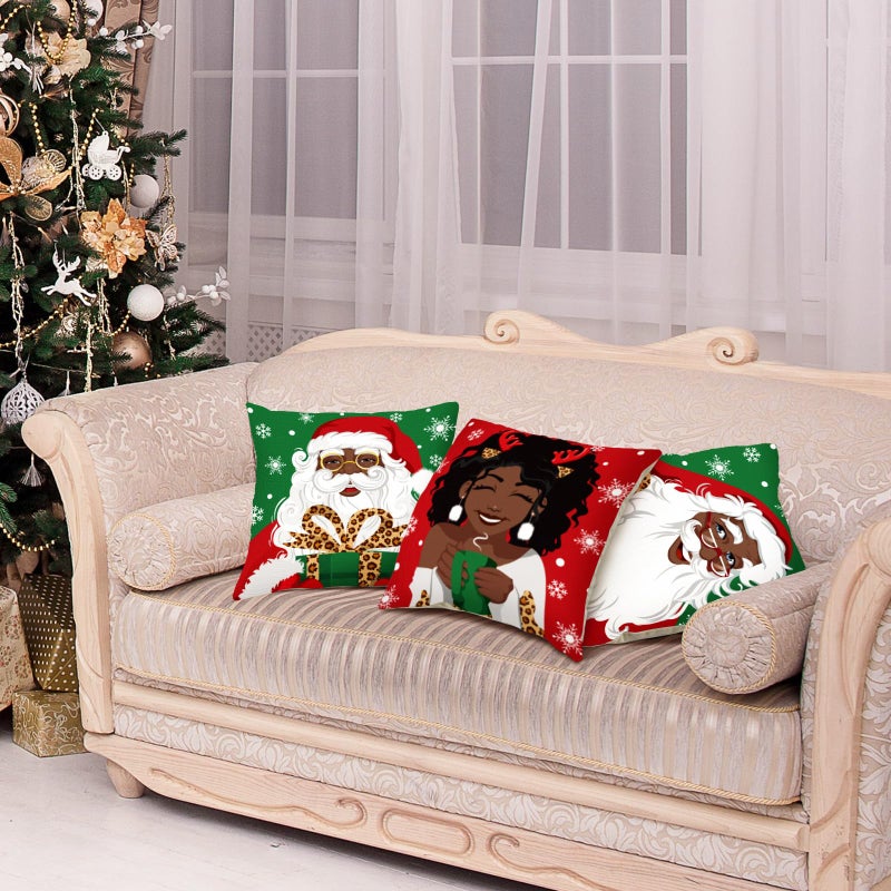 تاتو Tatuo 6 PCS COVER SANTA COVERS 18 × 18 أغلفة وسادة عيد الميلاد الأمريكية الإفريقية تغطي عيد الميلاد سانتا كلوز تغطية وسادة سانتا سانتا كلوز السوداء لسرير أريكة العطلات - Image 3