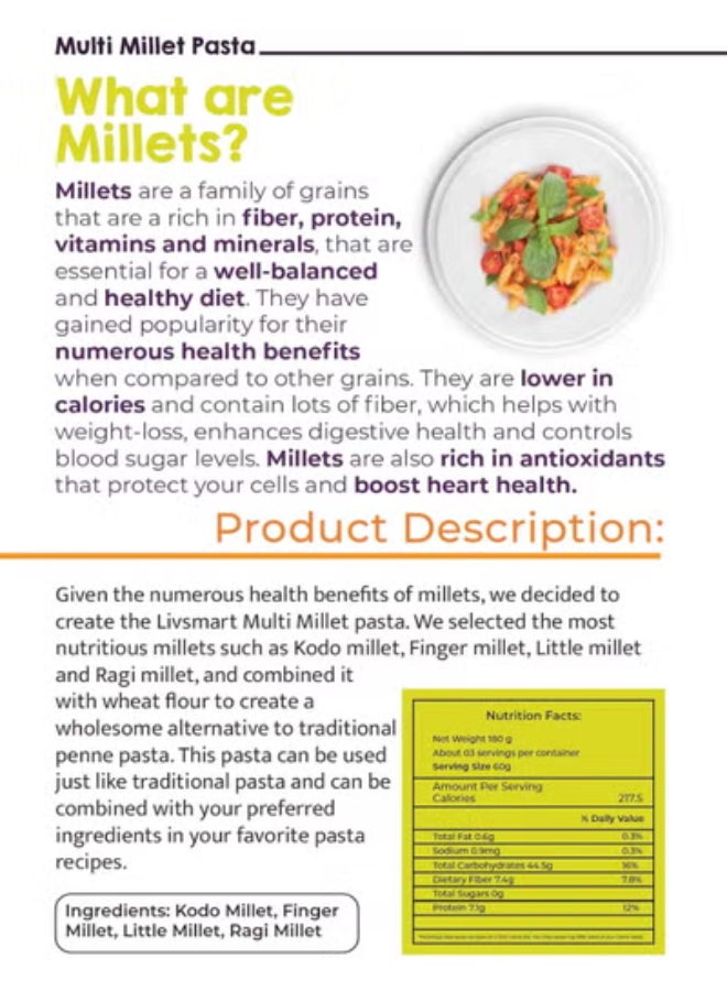 Livsmart Multi Millet Pasta, High Fiber Healthy Millet Pasta (180g) - Image 4