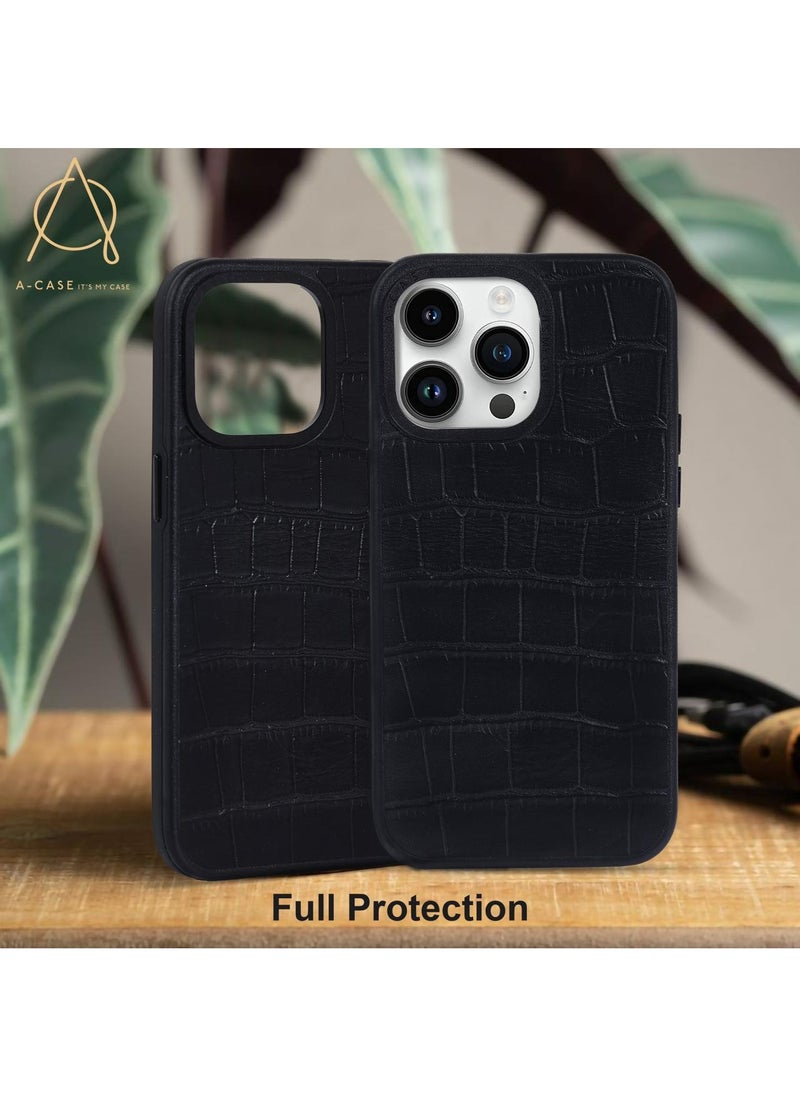 A-CASE - A-Case It's My Case Javan Series Fashion Genuine Leather Magnetic Case for iPhone 15 Pro Max, Supports Mag-Safe Wireless Charging, Slim and Durable Design, MagSafe Compatible – Leather Black - Image 1
