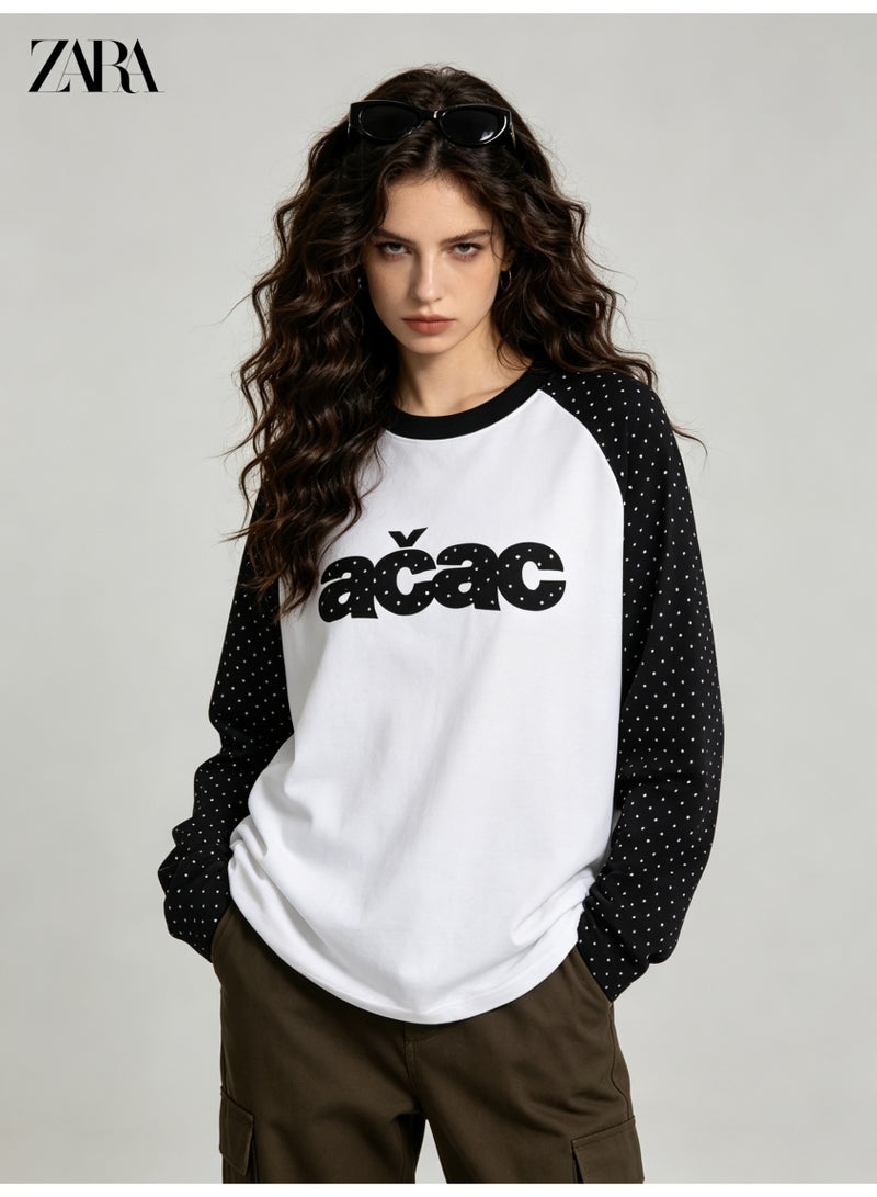 زارا ZARA black and white polka-dot shoulder long sleeve T-shirt - Image 1