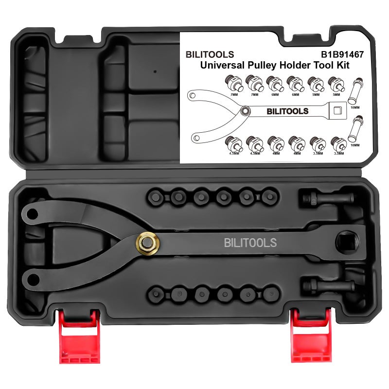 BILITOOLS 15PCS Universal Pulley Holder Tool Kit 12inch drive ratchet Adjustable Spanner Wrench with Variable Pins 35mm 4mm 45mm 5mm 6mm 65mm and 10mm fits Camshaft pulleys