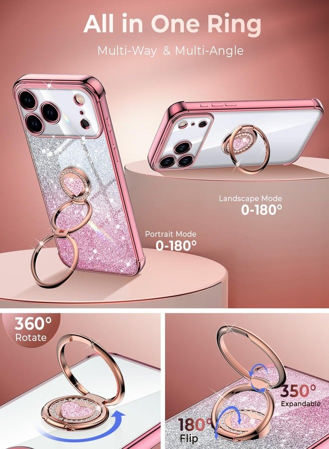 XYZ جراب XYZ لهاتف iPhone 2025 Pro Max مع حامل، جراب هاتف مزود بحلقة مزدوجة قابلة للطي، جراب هاتف فاخر لامع شفاف على شكل قلب للنساء والفتيات، متوافق مع Apple Pro Max 2025، لون ذهبي وردي - Image 3