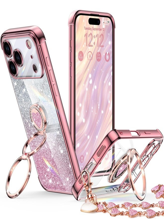 XYZ جراب XYZ لهاتف iPhone 2025 Pro Max مع حامل، جراب هاتف مزود بحلقة مزدوجة قابلة للطي، جراب هاتف فاخر لامع شفاف على شكل قلب للنساء والفتيات، متوافق مع Apple Pro Max 2025، لون ذهبي وردي - Image 1