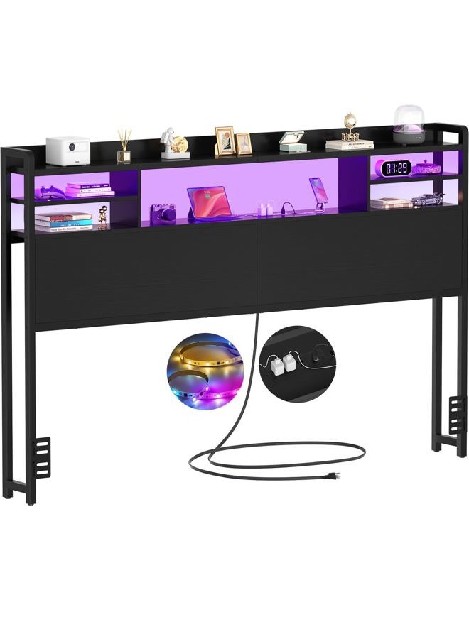 Aheaplus Headboard for Queen Size Bed with Storage, Headboards with LED Light, Power Outlets, USB Ports Queen Size Head Board, Wood headboard Only Sturdy and Stable Headboards, Modern, Black - Image 1