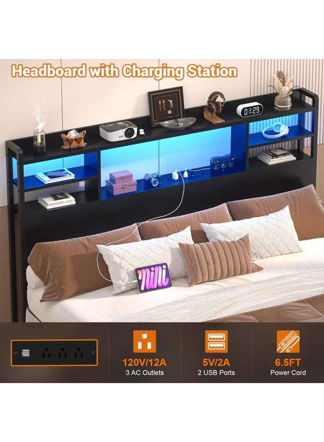 Aheaplus Headboard for Queen Size Bed with Storage, Headboards with LED Light, Power Outlets, USB Ports Queen Size Head Board, Wood headboard Only Sturdy and Stable Headboards, Modern, Black - Image 2