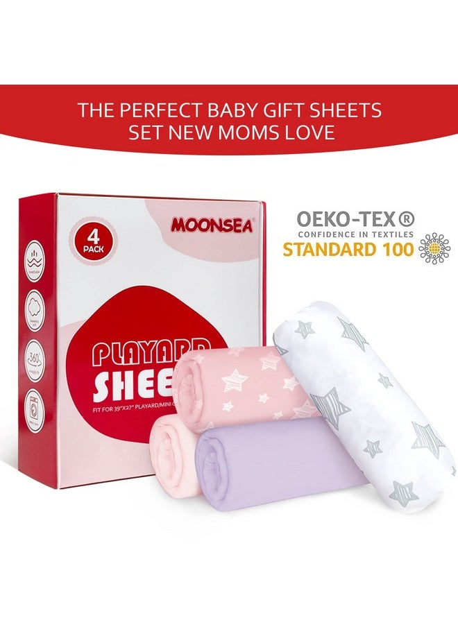 Moonsea ملاءات Pack And Play للبنات، عبوة من 4 ملاءات سرير صغيرة قابلة للتمدد، ملاءة Pack N Play Playard المجهزة متوافقة مع Graco Pack N Play، مادة ناعمة وجيدة التهوية، وردية اللون  - Image 5