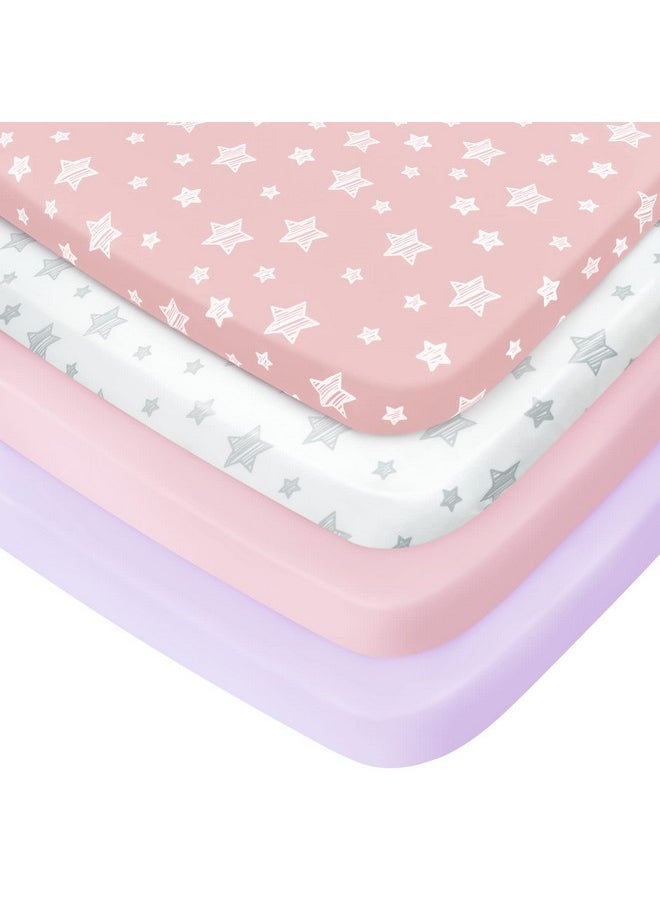 Moonsea ملاءات Pack And Play للبنات، عبوة من 4 ملاءات سرير صغيرة قابلة للتمدد، ملاءة Pack N Play Playard المجهزة متوافقة مع Graco Pack N Play، مادة ناعمة وجيدة التهوية، وردية اللون  - Image 2