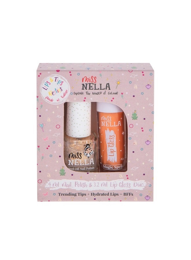 Miss NELLA Magic Spell Lips & Tips duo- Scented Lip Gloss + Glitter Nail Polish for Kids with Peel-off, Water Based & Odour Free Formula - Image 1