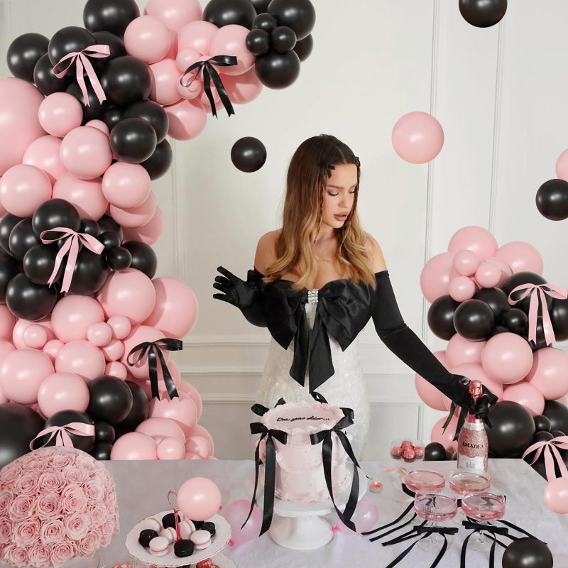 NUTTYBASH Pink Black Balloon Garland Arch Kit, 141Pcs Pink and Black Balloons Different Sizes 18 10 5 Inch and Bows for Coquette Birthday Wedding Baby Shower Bridal Shower Party Decorations - Image 2