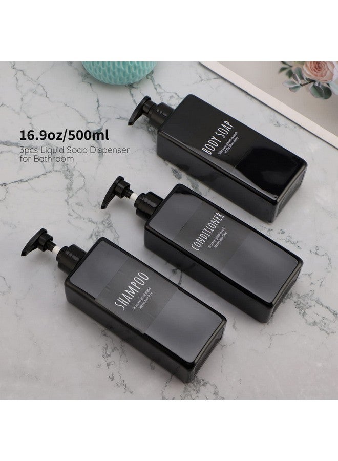 سيج بيوتي موزع شامبو وبلسم قابل لإعادة التعبئة، 3 قطع 16.9 أونصة زجاجات دش موزع صابون مع ملصقات، 500 مل زجاجة مضخة بلاستيكية مربعة فارغة حاويات غسول الجسم للحمام أسود - Image 2