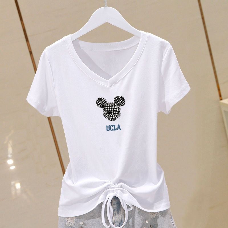 Summer Plus Size Cotton V-Neck Slimming Tee for Women White-UCLA Mickey