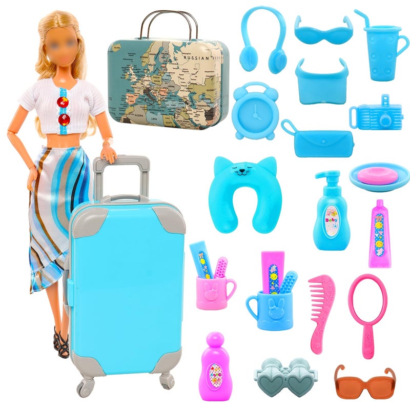 ميونانا Miunana 28pcs ملابس السفر والاكسسوارات الأزرق trunk حقيبة 2 Girl Doll Cloths 1 Suits 8 Associory Life Excalsions 12 Wash Telescope Sunglasses (لا تشمل الدمية) - Image 2