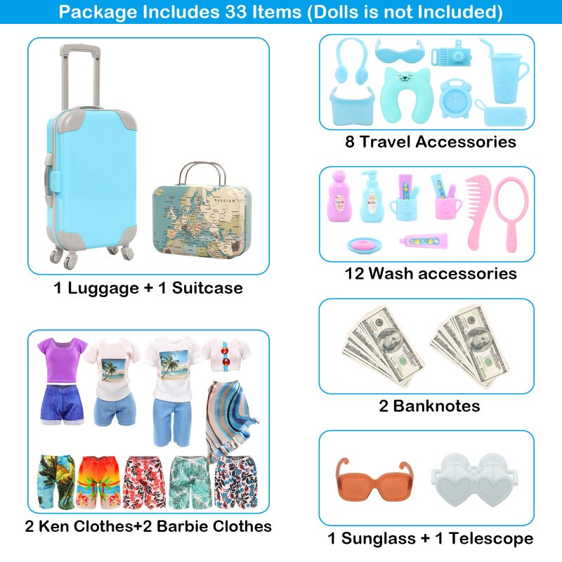 ميونانا Miunana 28pcs ملابس السفر والاكسسوارات الأزرق trunk حقيبة 2 Girl Doll Cloths 1 Suits 8 Associory Life Excalsions 12 Wash Telescope Sunglasses (لا تشمل الدمية) - Image 3