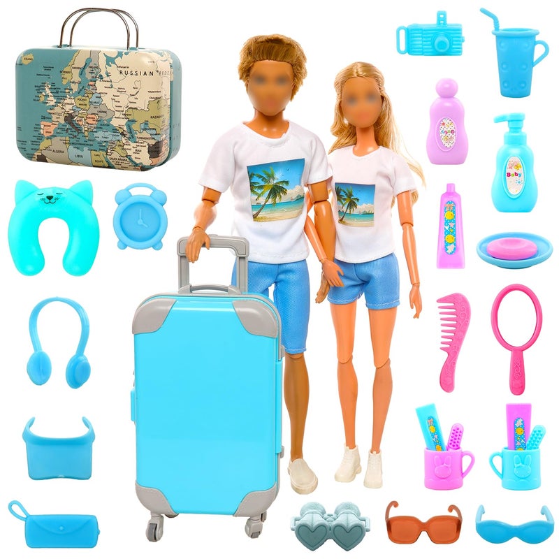ميونانا Miunana 28pcs ملابس السفر والاكسسوارات الأزرق trunk حقيبة 2 Girl Doll Cloths 1 Suits 8 Associory Life Excalsions 12 Wash Telescope Sunglasses (لا تشمل الدمية) - Image 1