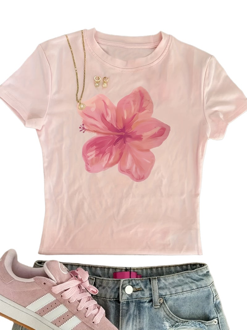 00008 - Women'S Tight Top Hibiscus Floral Print Pure Desire Korean Y2K Summer Round Neck Short Sleeve T - Shirt, Women'S Clothing QHH1315 - Pink / XS - Image 1