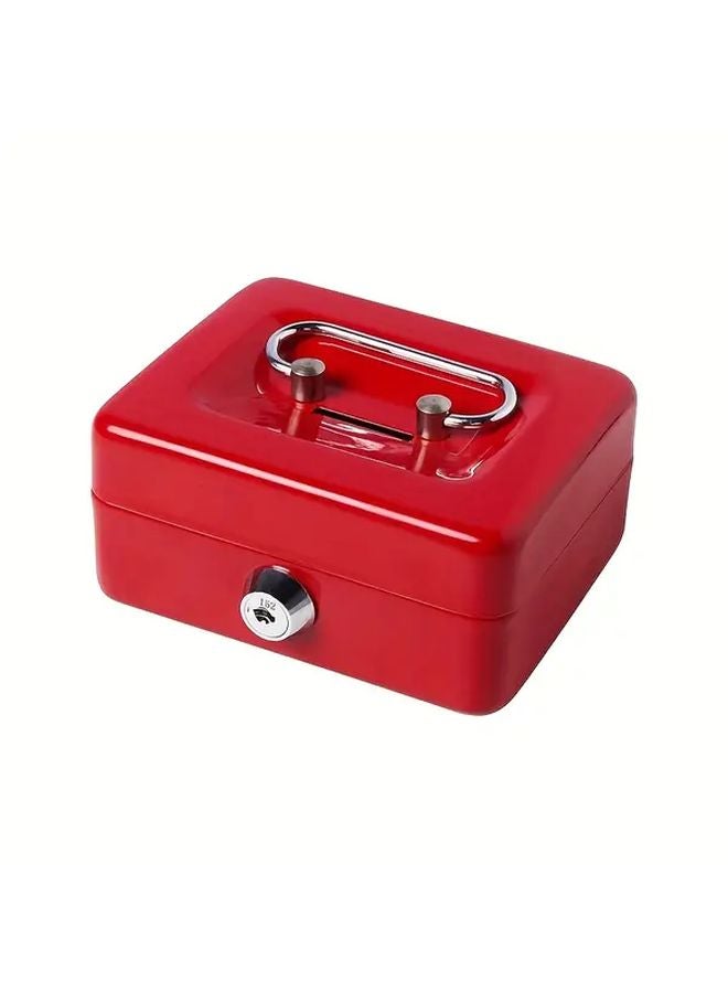 صندوق نقدي معدني صغير أحمر مع قفل وصينية نقود ومفتاح وخزنة أمان - Image 1