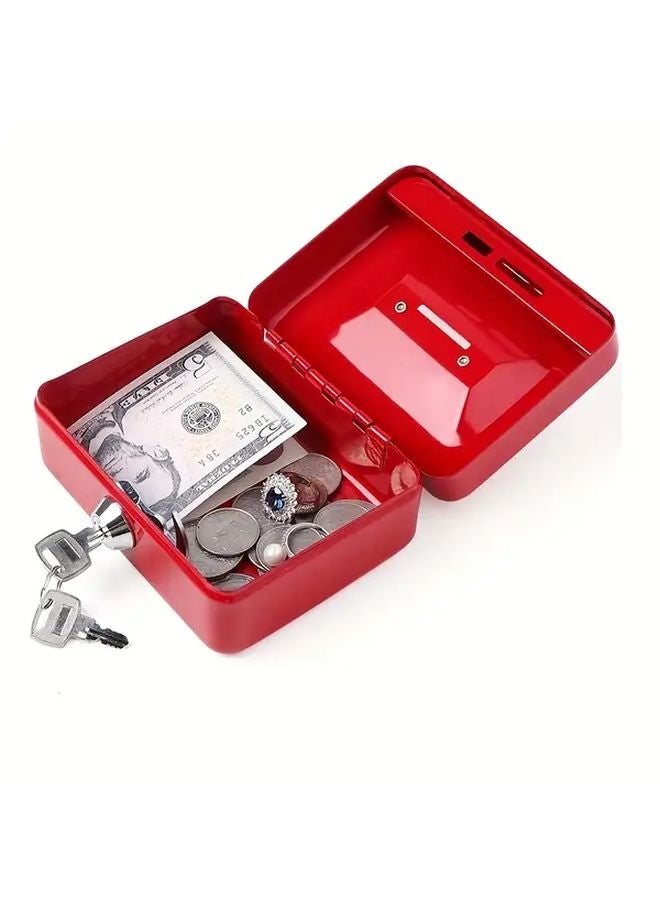 صندوق نقدي معدني صغير أحمر مع قفل وصينية نقود ومفتاح وخزنة أمان - Image 3