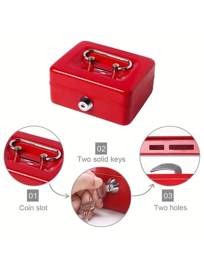 صندوق نقدي معدني صغير أحمر مع قفل وصينية نقود ومفتاح وخزنة أمان - Image 5