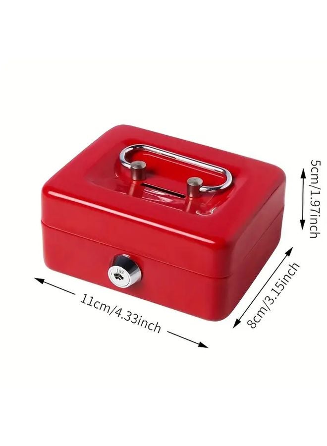 صندوق نقدي معدني صغير أحمر مع قفل وصينية نقود ومفتاح وخزنة أمان - Image 4