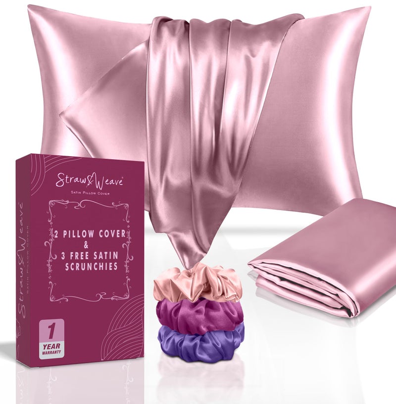 STRAW&WEAVE Satin Pillow Covers for Hair | Christmas Gift & New Year Gifting Employee Gifting | 3 Satin Scrunchies for Women | Silk Pillow Case Pack of 2 | 3 Satin Scrunchies for Women Hair | 1 Year Warranty - Image 1