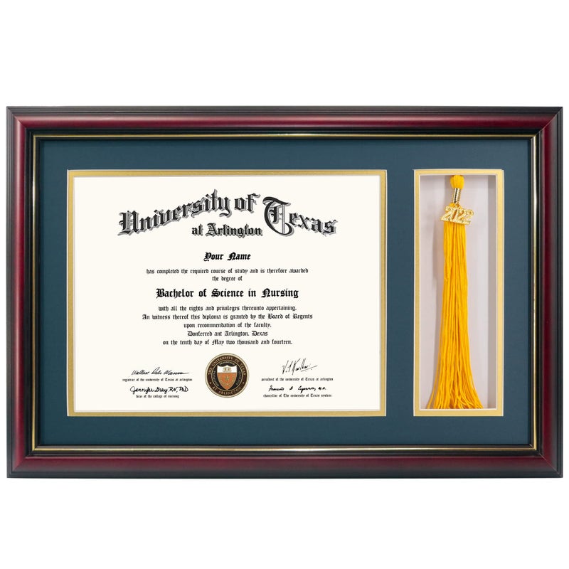 إطار دبلوم من خشب الكرز 11x17 من GraduationMall مع حامل شريطة لشهادة 85x11 وثيقة زجاج حقيقي لون أزرق بحري فوق مات ذهبي