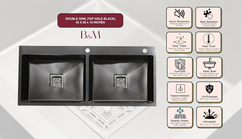 BOWLS  MORE Bowls More 45 x 20 x 10 Double Bowl Kitchen Sink With Tray Basket Premium Handmade TapHole SInk Heavyduty 304 Grade Stainless Steel Matt Finish Black - Image 4