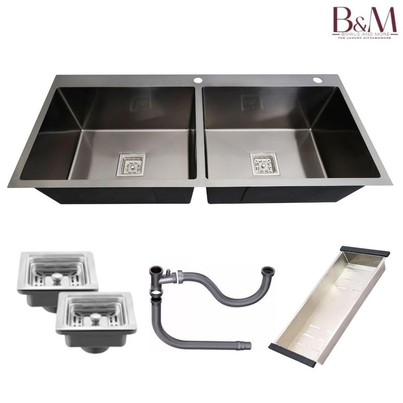 BOWLS  MORE Bowls More 45 x 20 x 10 Double Bowl Kitchen Sink With Tray Basket Premium Handmade TapHole SInk Heavyduty 304 Grade Stainless Steel Matt Finish Black - Image 2