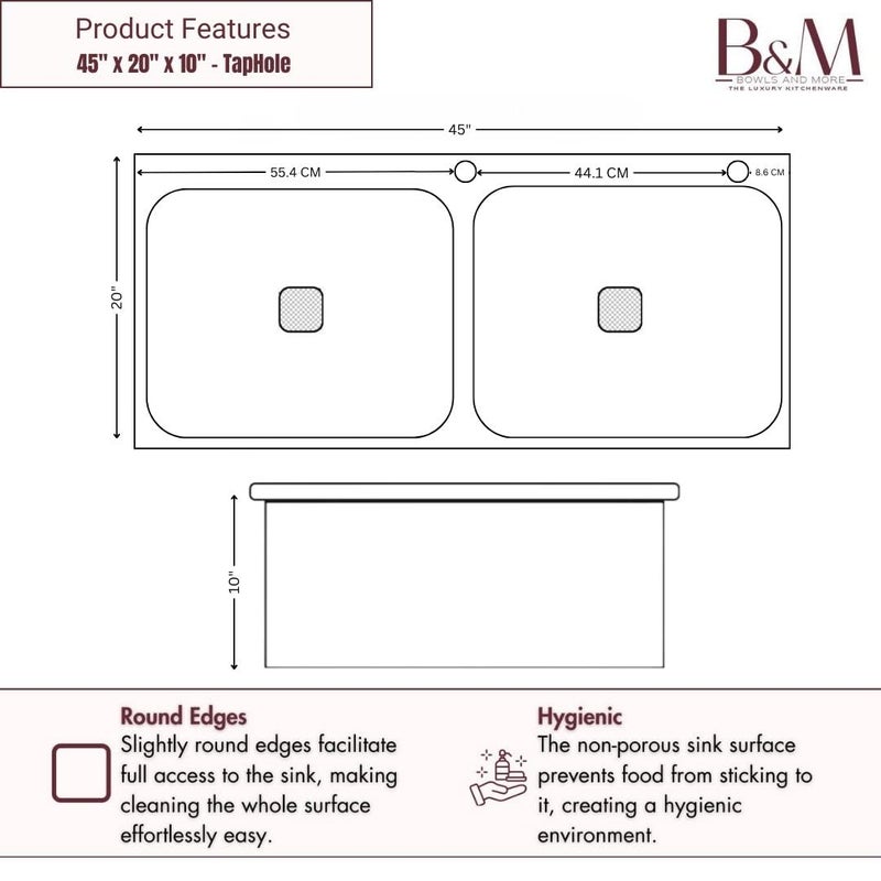 BOWLS  MORE Bowls More 45 x 20 x 10 Double Bowl Kitchen Sink With Tray Basket Premium Handmade TapHole SInk Heavyduty 304 Grade Stainless Steel Matt Finish Black - Image 5