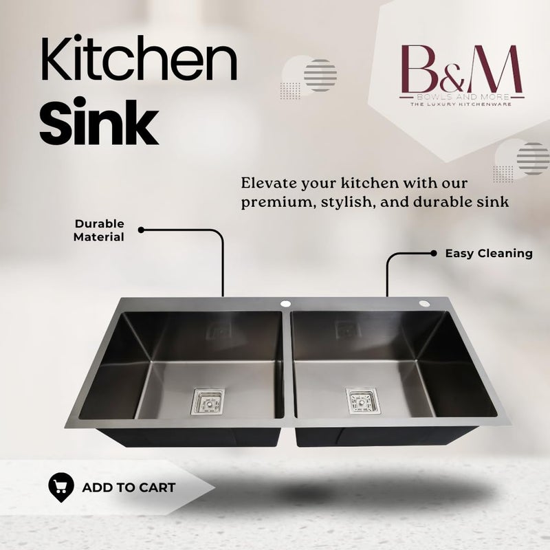 BOWLS  MORE Bowls More 45 x 20 x 10 Double Bowl Kitchen Sink With Tray Basket Premium Handmade TapHole SInk Heavyduty 304 Grade Stainless Steel Matt Finish Black - Image 3