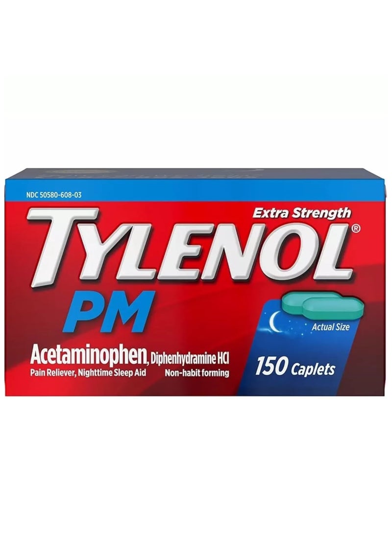 Tylenol مسكن آلام ليلي بقوة إضافية، أقراص مساعدة على النوم، 500 مجم أسيتامينوفين، 25 مجم ديفينهيدرامين هيدروكلوريد، لتخفيف الآلام والأوجاع الليلية، غير مسببة للإدمان، 150 قرصًا - Image 1