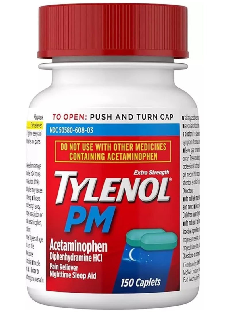 Tylenol مسكن آلام ليلي بقوة إضافية، أقراص مساعدة على النوم، 500 مجم أسيتامينوفين، 25 مجم ديفينهيدرامين هيدروكلوريد، لتخفيف الآلام والأوجاع الليلية، غير مسببة للإدمان، 150 قرصًا - Image 2