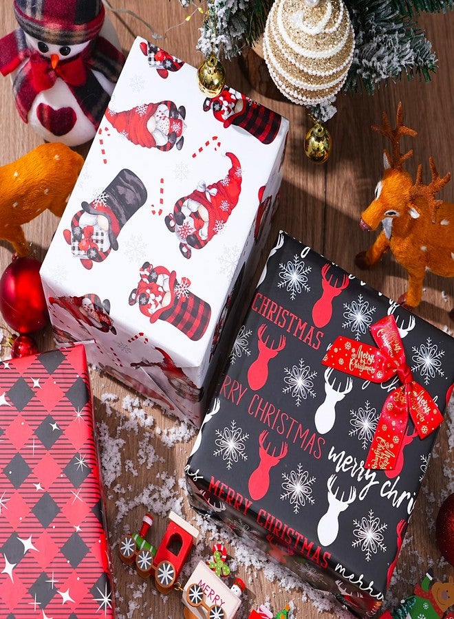 ZINTBIAL Christmas Wrapping Paper for Kids Adults - Xmas Wrapping Paper with Red/Black Plaid, Reindeer, Gnome, “Ho Ho” Words - 28 x 40 Inches, 6 Jumbo Sheets, Easy to Store - Image 5