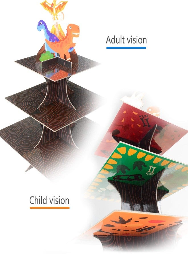 فرايدي نايت حامل كب كيك ديناصورات ثلاثي الطبقات، قابل لإعادة الاستخدام، مناسب لأعياد ميلاد الأطفال وحفلات استقبال المولود الجديد، وحفلات ذات طابع حيواني، وحامل حلويات، ومستلزمات تزيين. - Image 3