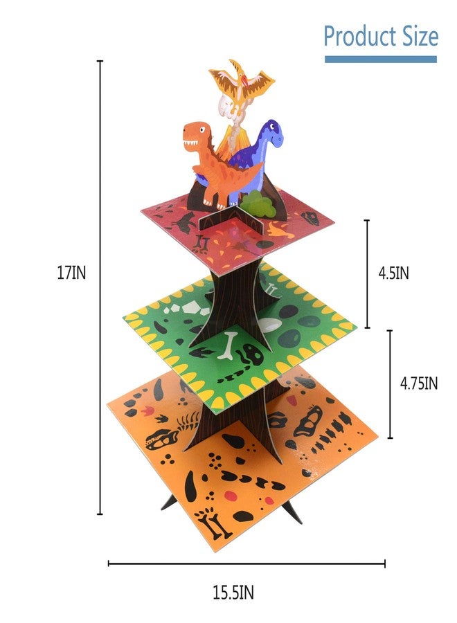 فرايدي نايت حامل كب كيك ديناصورات ثلاثي الطبقات، قابل لإعادة الاستخدام، مناسب لأعياد ميلاد الأطفال وحفلات استقبال المولود الجديد، وحفلات ذات طابع حيواني، وحامل حلويات، ومستلزمات تزيين. - Image 2