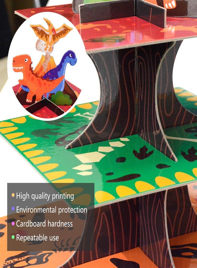 فرايدي نايت حامل كب كيك ديناصورات ثلاثي الطبقات، قابل لإعادة الاستخدام، مناسب لأعياد ميلاد الأطفال وحفلات استقبال المولود الجديد، وحفلات ذات طابع حيواني، وحامل حلويات، ومستلزمات تزيين. - Image 5